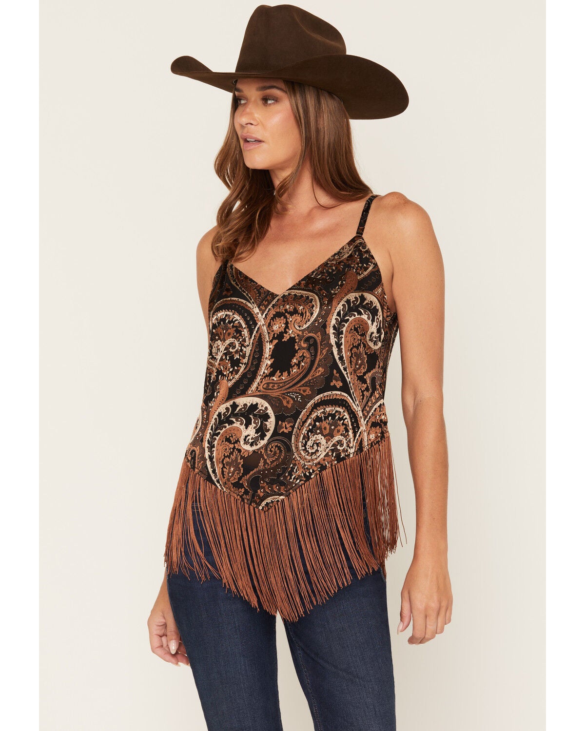 Shyanne Women's Stevie Burnout Paisley Print Fringe Tank Top, Black, hi-res