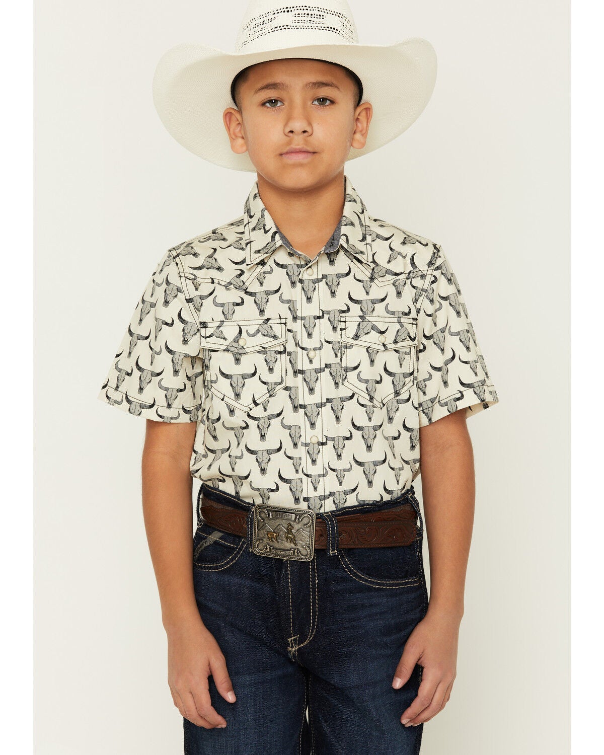 Image #1 - Cody James Boys' Toro Steerhead Print Short Sleeve Snap Western Shirt, Tan, hi-res