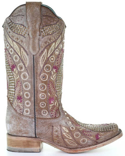 Image #2 - Corral Women's Flowered Embroidery Western Boots - Square Toe, Taupe, hi-res