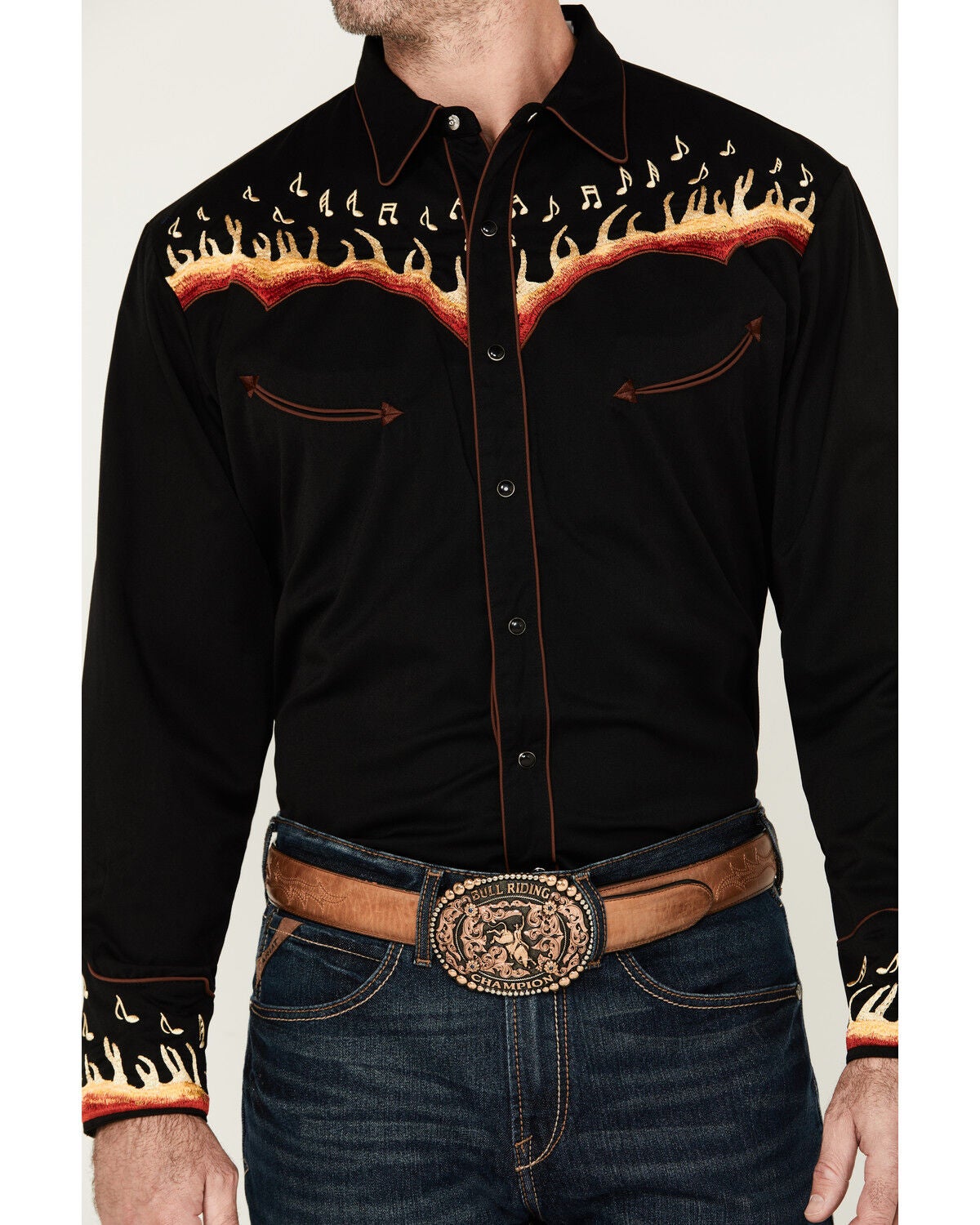 Image #3 - Scully Men's Music Note Flame Embroidered Long Sleeve Snap Western Shirt - Big, Black, hi-res