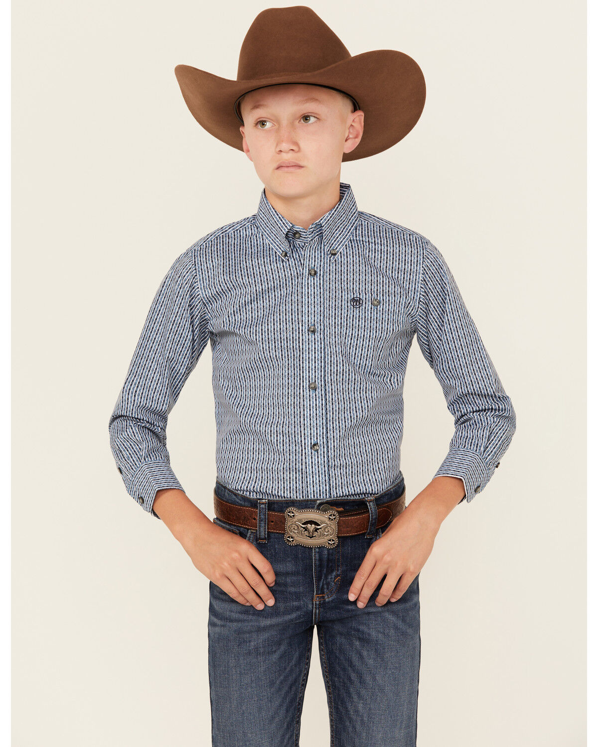 Image #1 - Wrangler Boys' Striped Long Sleeve Button-Down Western Shirt, Blue, hi-res
