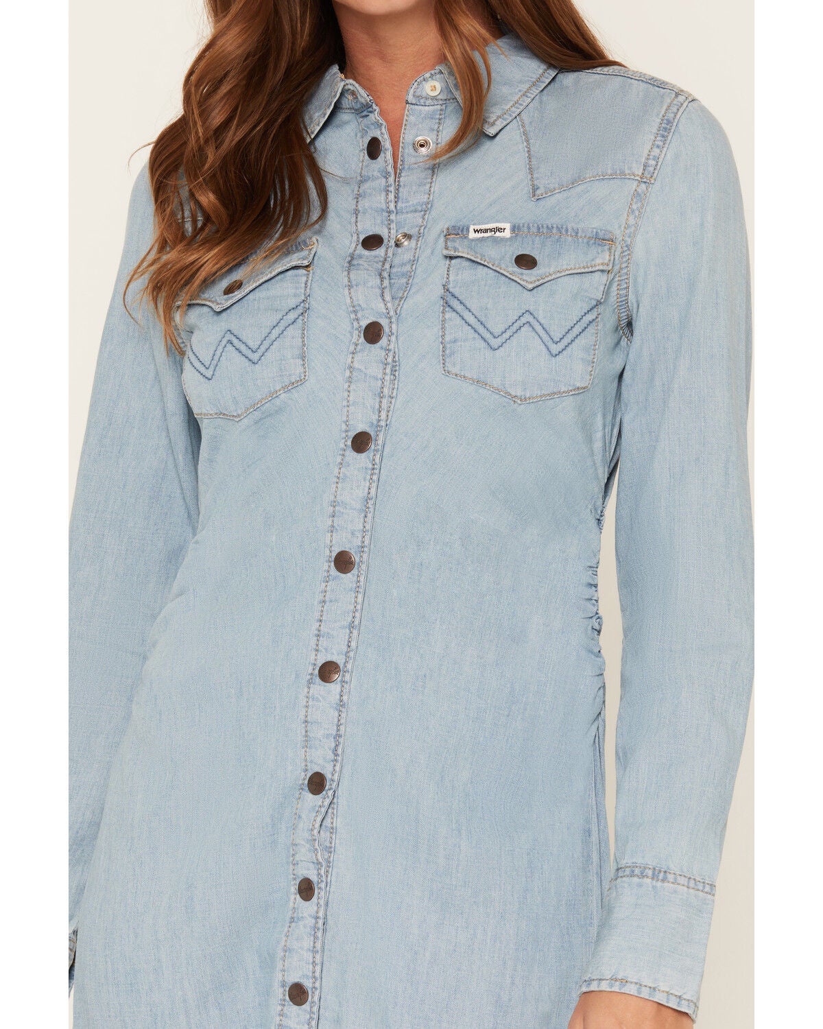 Image #3 - Wrangler Women's Light Wash Long Sleeve Cinched Waist Maxi Dress, Light Wash, hi-res