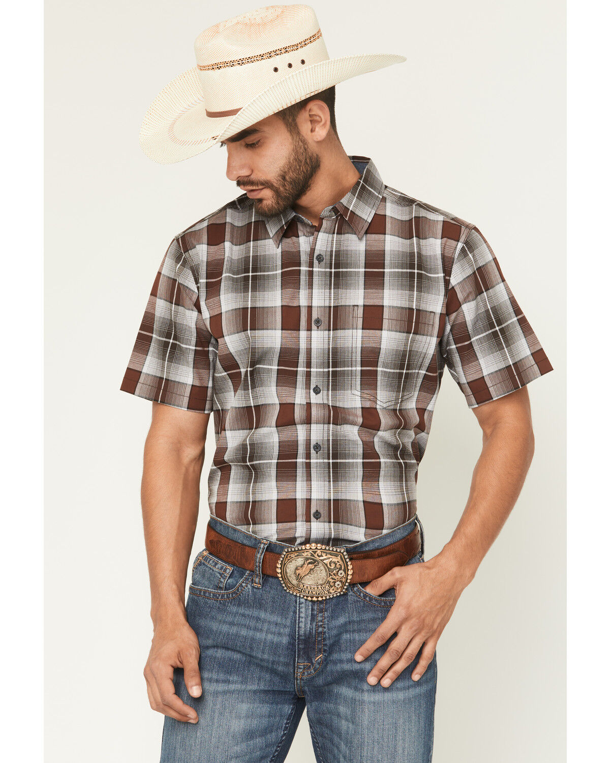 Image #1 - Cody James Men's Urban Rodeo Plaid Print Short Sleeve Button-Down Western Shirt, Brown, hi-res