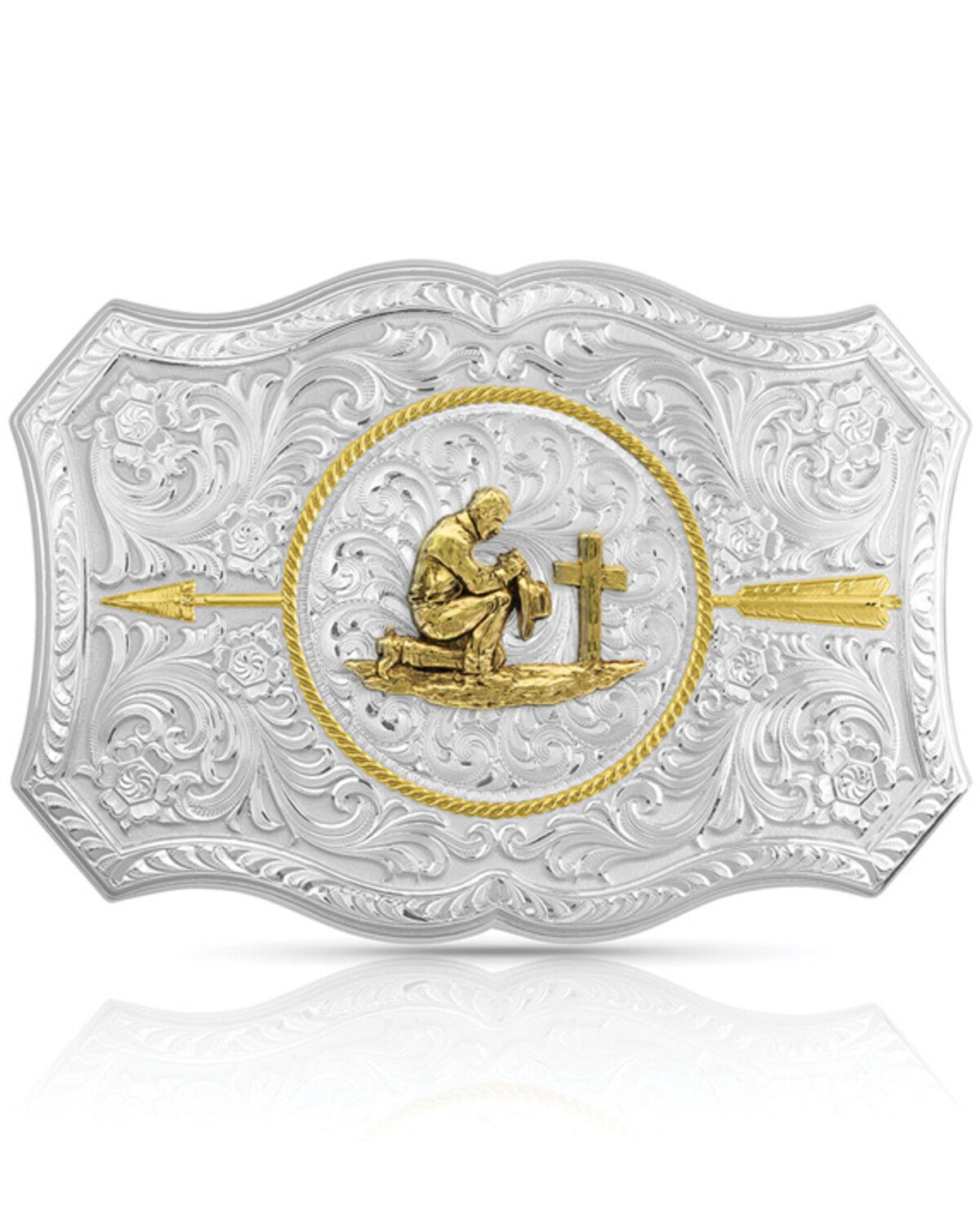 Montana Silversmiths Men's Your Arrow Buckle With Praying Cowboy, Silver, hi-res