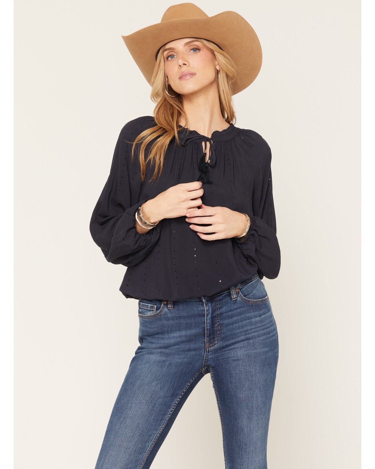 Image #1 - Lovestitch Women's Tonal Sequins Long Sleeve Peasant Top, Navy, hi-res