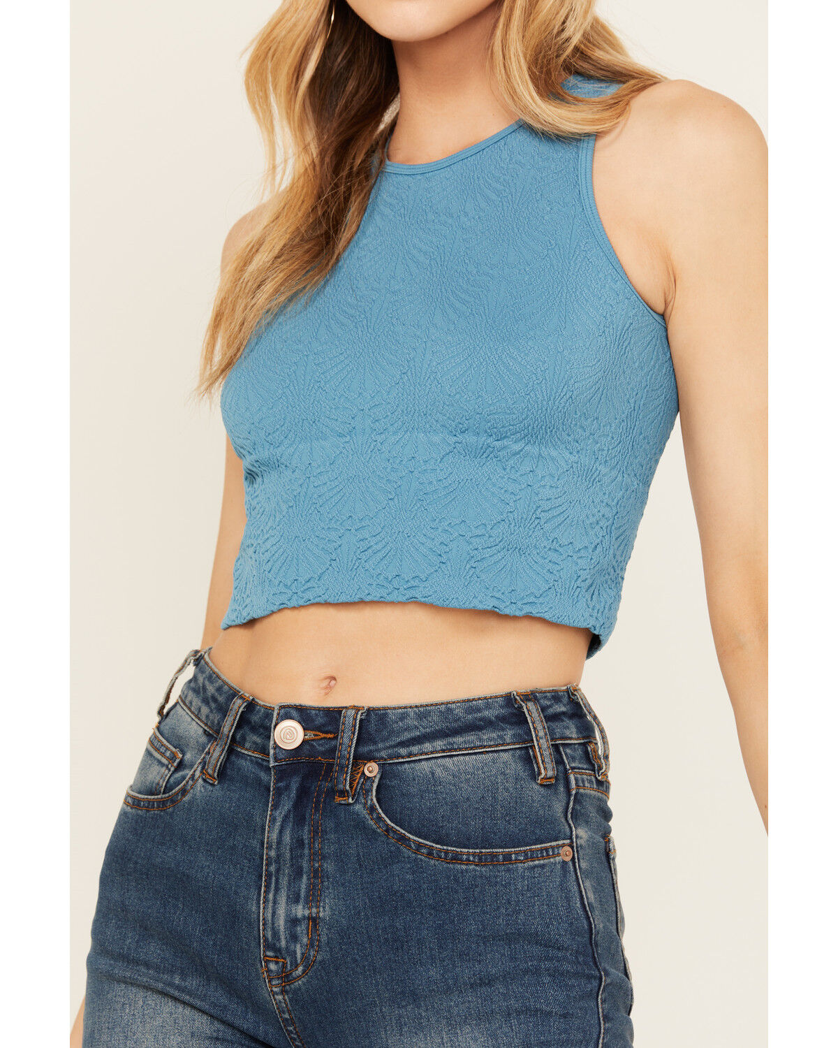 Image #3 - Fornia Women's Floral High Neck Cropped Top, Blue, hi-res