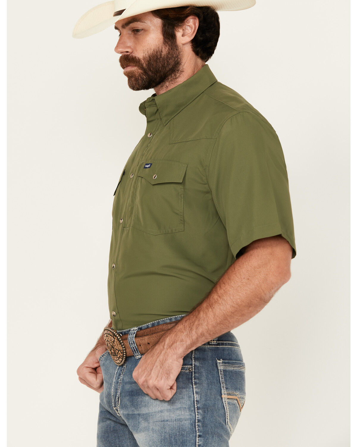Image #2 - Wrangler Men's Solid Short Sleeve Snap Performance Western Shirt, Green, hi-res