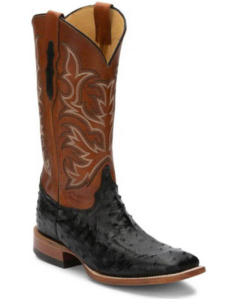 Justin Men's Pascoe Black Full-Quill Ostrich Western Boots - Wide Square Toe, Black, hi-res