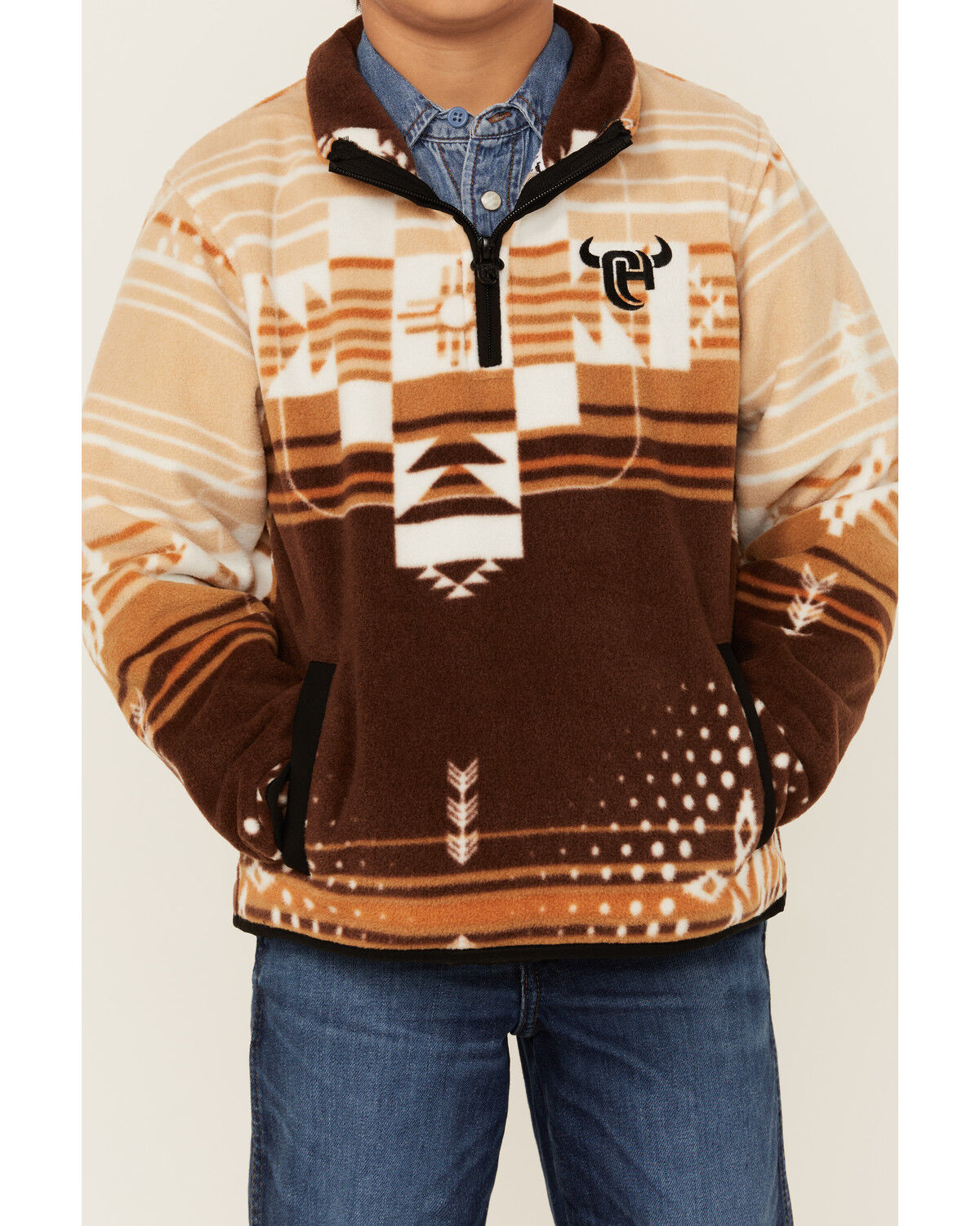 Image #3 - Cowboy Hardware Boys' Cadet Southwestern Print Polar Fleece Pullover, Brown, hi-res