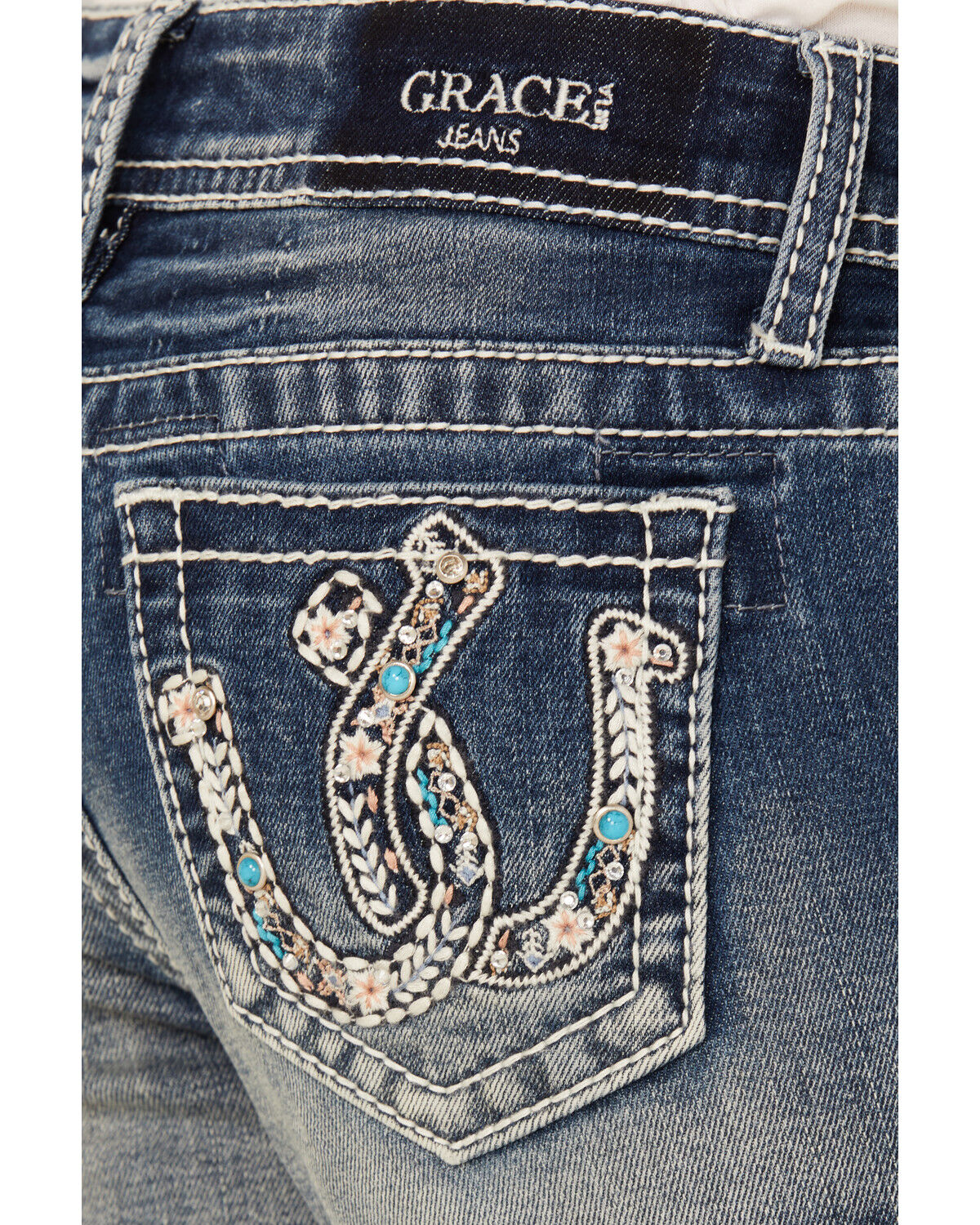 Image #2 - Grace In LA Girls' Double Horseshoe Embroidered Bootcut Stretch Denim Jeans, Blue, hi-res