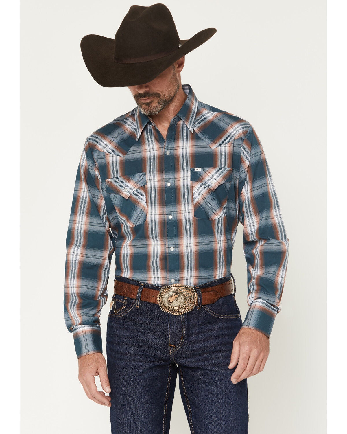 Ely Walker Men's Plaid Print Long Sleeve Pearl Snap Western Shirt, Dark Teal, hi-res