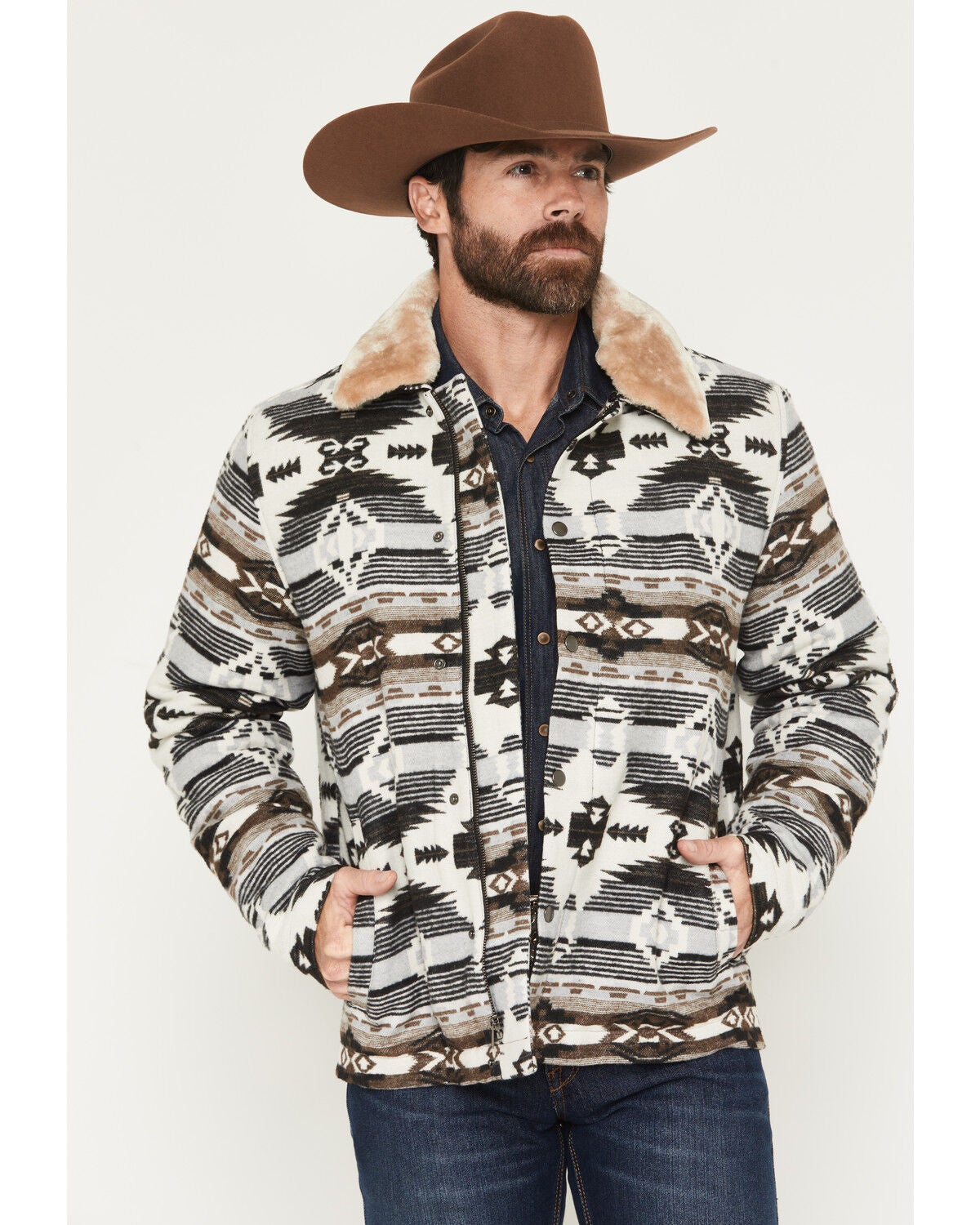 Image #1 - Rock & Roll Denim Men's Southwestern Jacquard Snap Jacket, Grey, hi-res