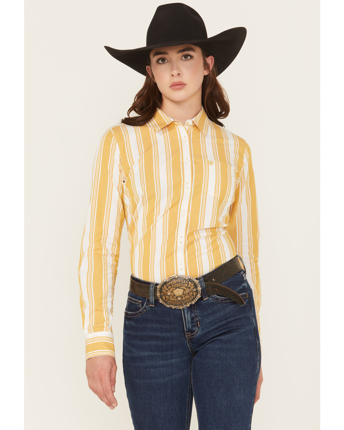 Image #1 - Ariat Women's Kirby Striped Print Long Sleeve Button-Down Stretch Western Shirt, Yellow, hi-res