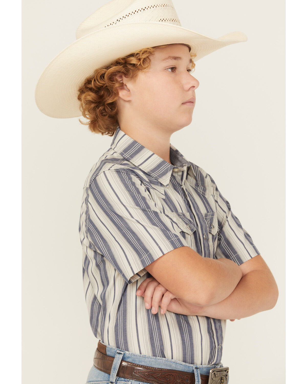 Image #3 - Cody James Boys' Roman Striped Short Sleeve Snap Western Shirt, Blue, hi-res