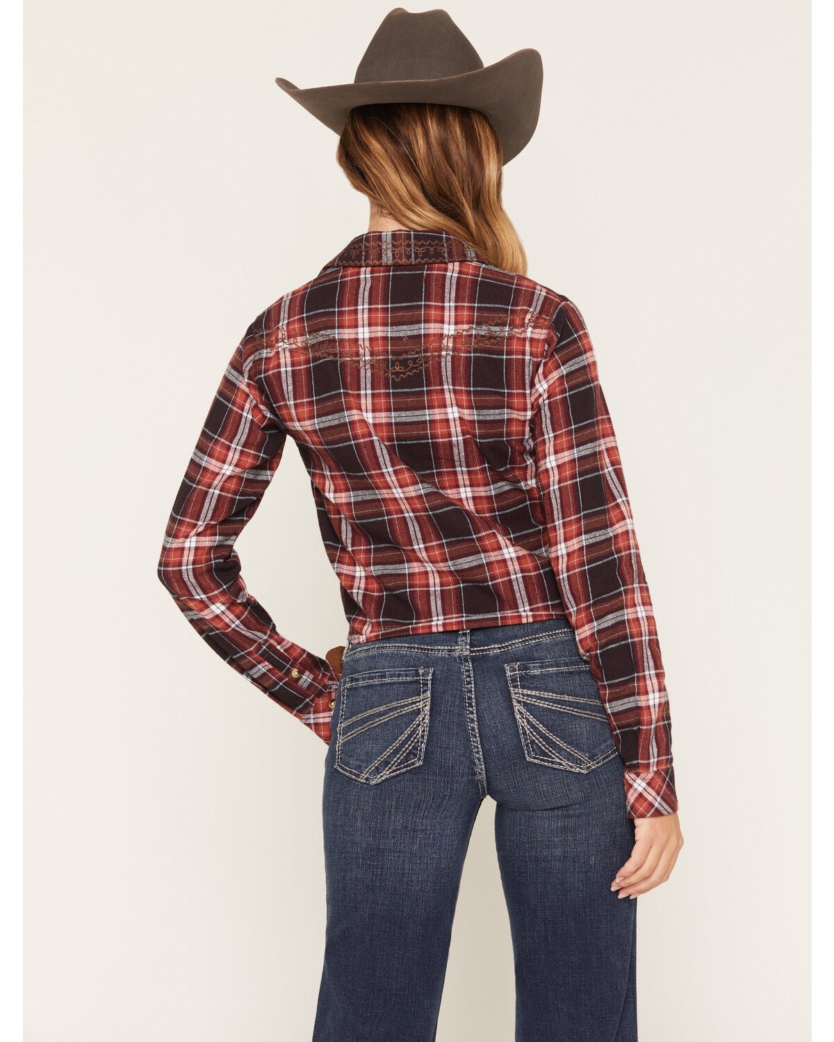 Image #4 - Shyanne Women's Hansen Embroidered Plaid Print Long Sleeve Button-Down Tie-Front Top, Saddle, hi-res