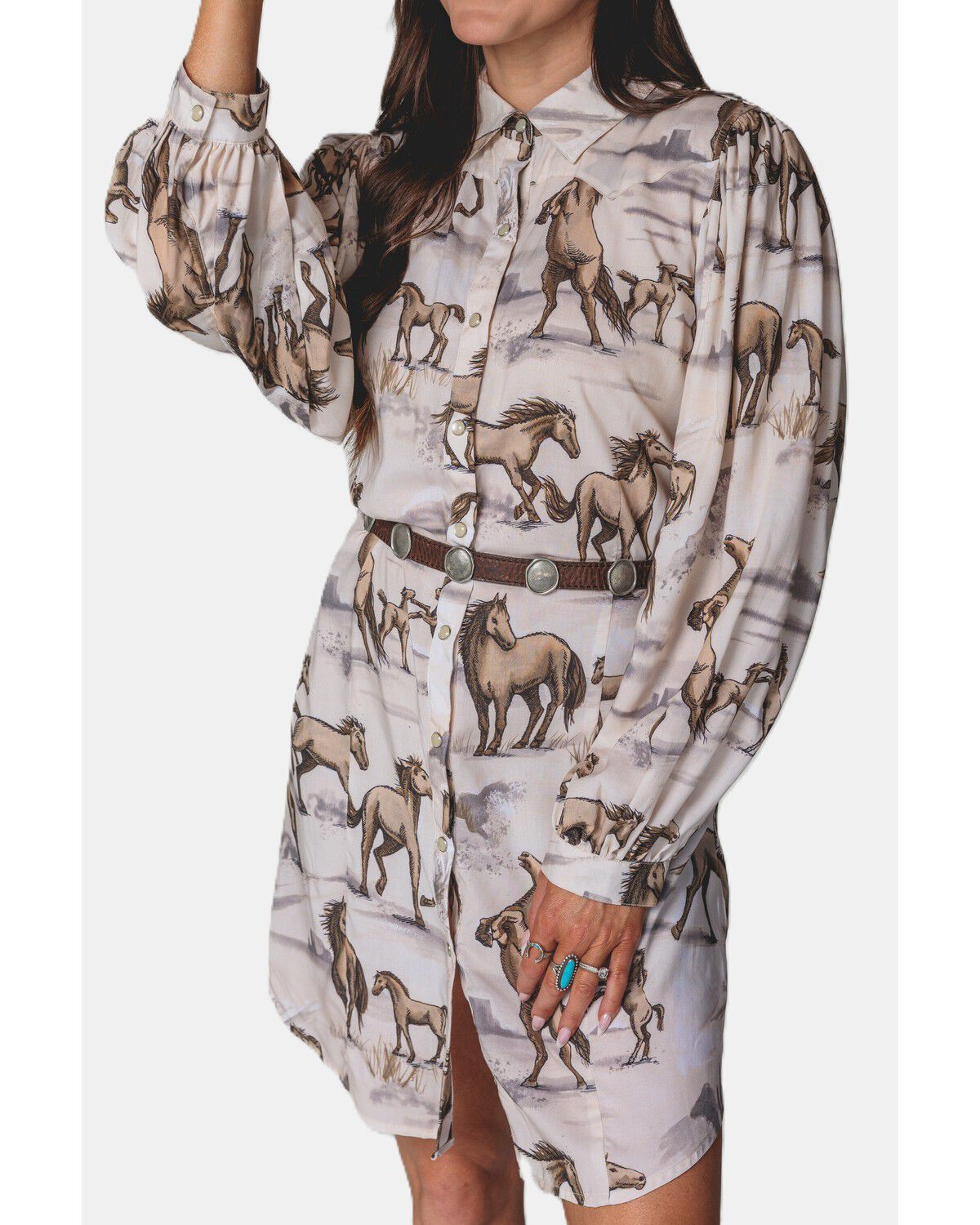 Lovlei Ranch Kenzie Wild and Free Horse Print Snap Front Mini Dress, Ivory, hi-res