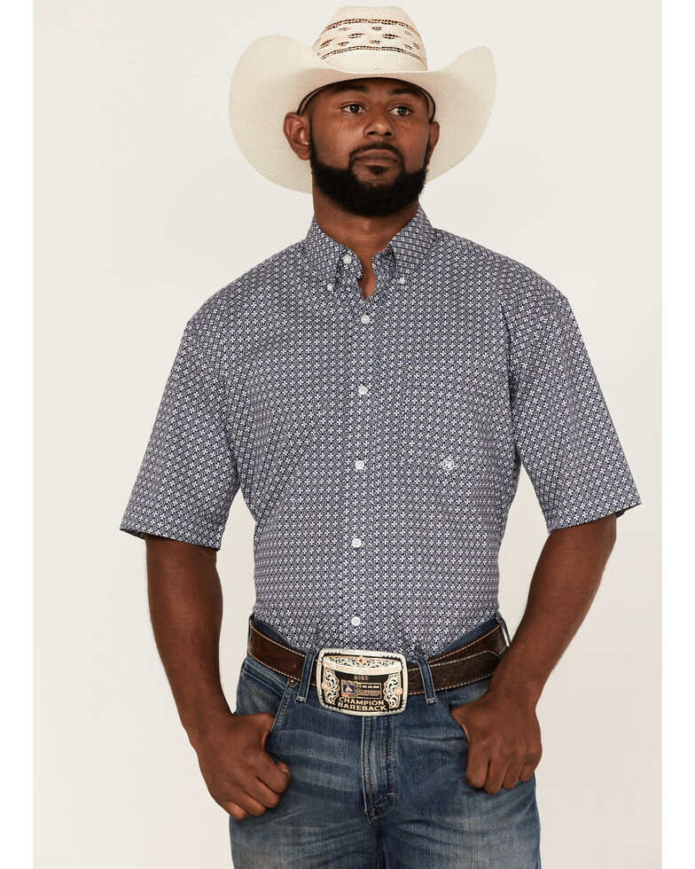 Roper Men's Liberty Bell Foulard Geo Print Short Sleeve Snap Western Shirt , Navy, hi-res