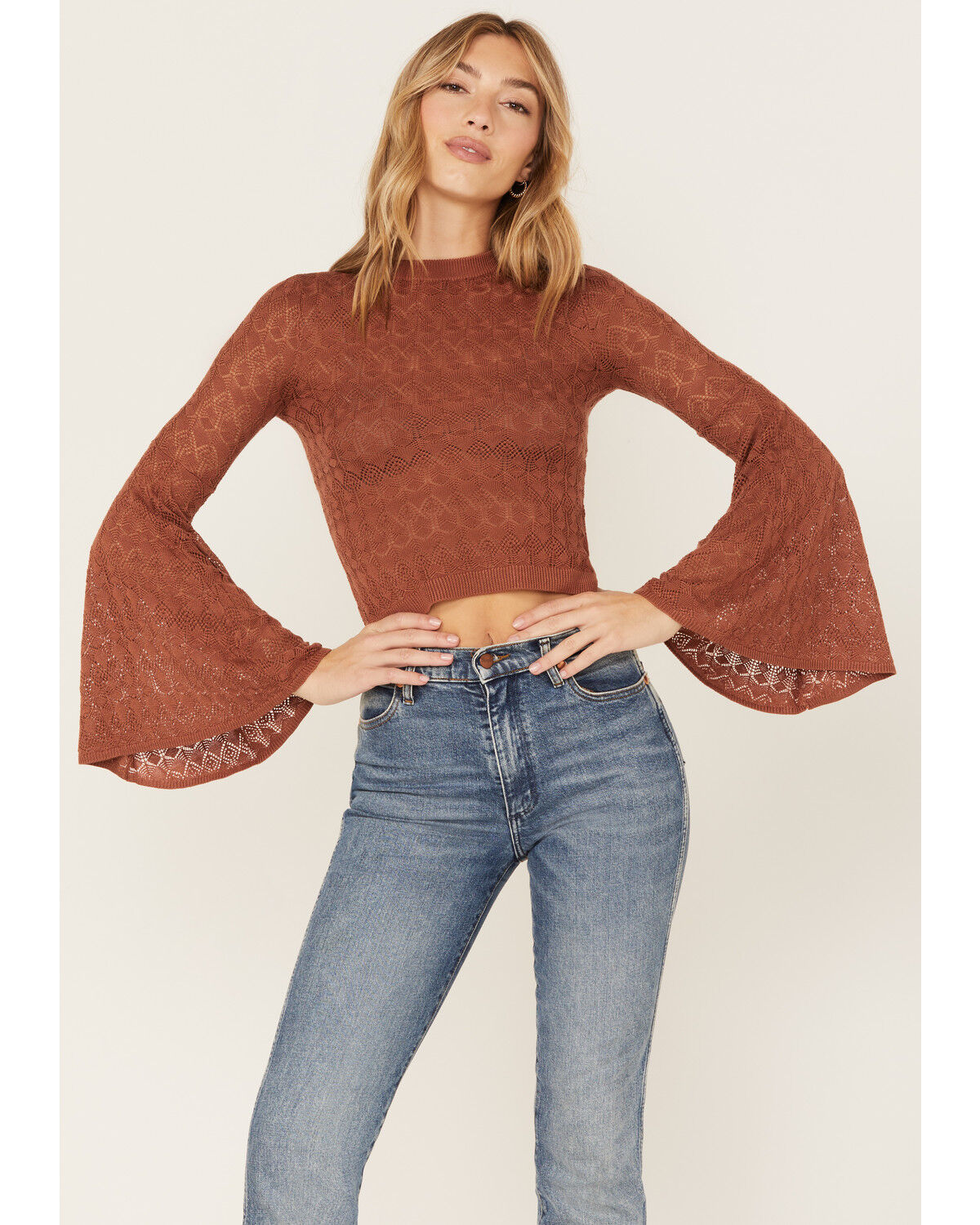 Image #2 - Shyanne Women's Crochet Lace Bell Sleeve Sweater, Brown, hi-res