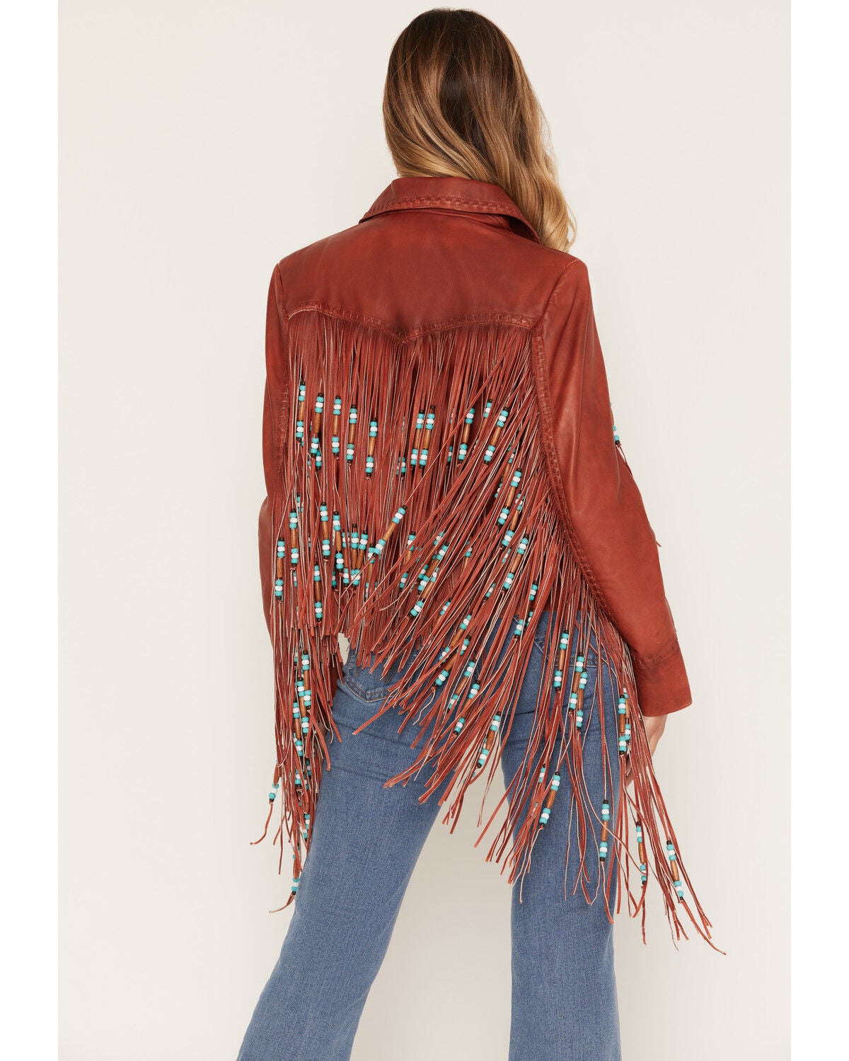 Image #4 - Cripple Creek Women's Beaded Fringe Hand Laced Snap Leather Jacket, Red, hi-res