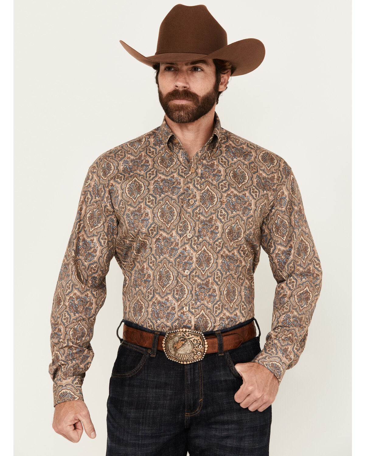 Stetson Men's Paisley Print Long Sleeve Button-Down Western Shirt, Lt Brown, hi-res