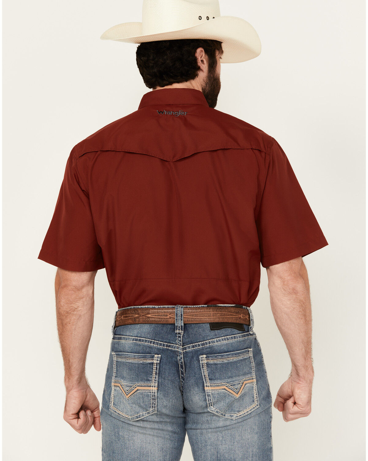 Image #4 - Wrangler Men's Solid Short Sleeve Snap Performance Western Shirt - Tall, Red, hi-res