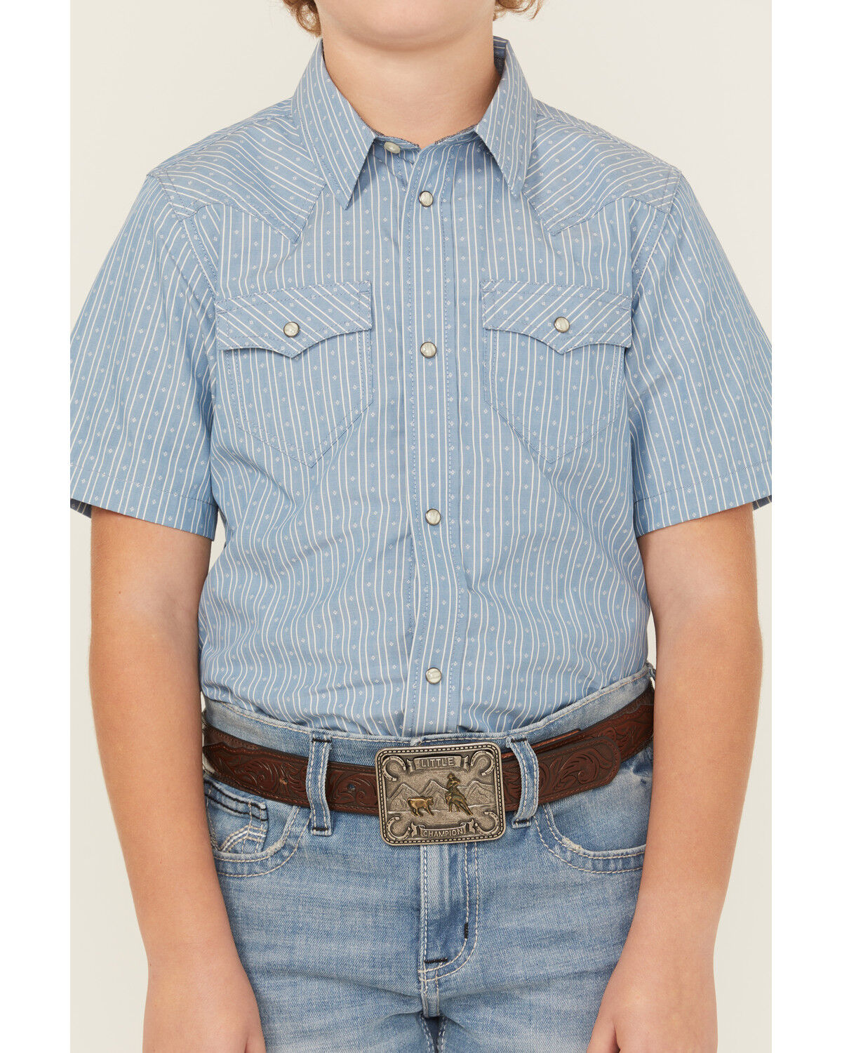 Image #2 - Cody James Boys' Cowboy Way Striped Print Short Sleeve Snap Western Shirt, Light Blue, hi-res