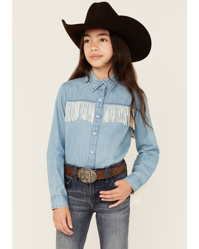 Roper Girls' Fringe Denim Long Sleeve Western Snap Shirt, Blue, hi-res