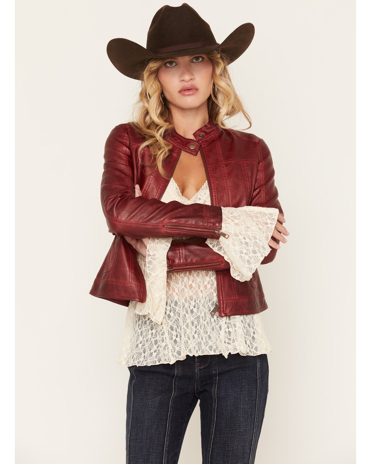 Stoosh Women's Faux Leather Zip Front Jacket, Red, hi-res