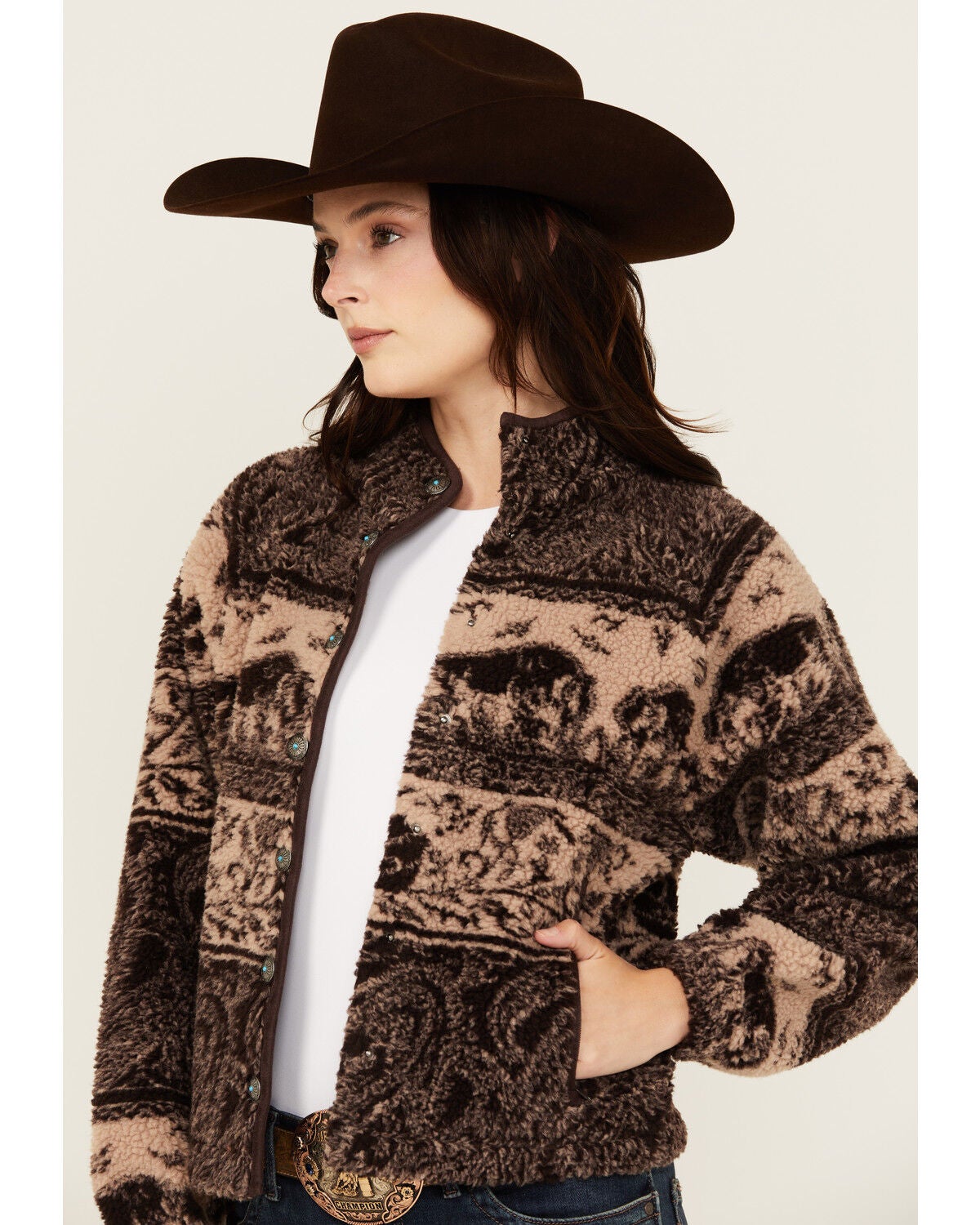 ヘザー ブラウン 『 ハイビスカス ブリーズ 』 279mm × 355mm Shyanne Women's Buffalo Print Snap Sherpa Jacket - Country Outfitter