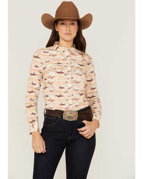 RANK 45 Women's Southwestern Desert Scene Print Long Sleeve Western Snap Shirt, Ivory, hi-res