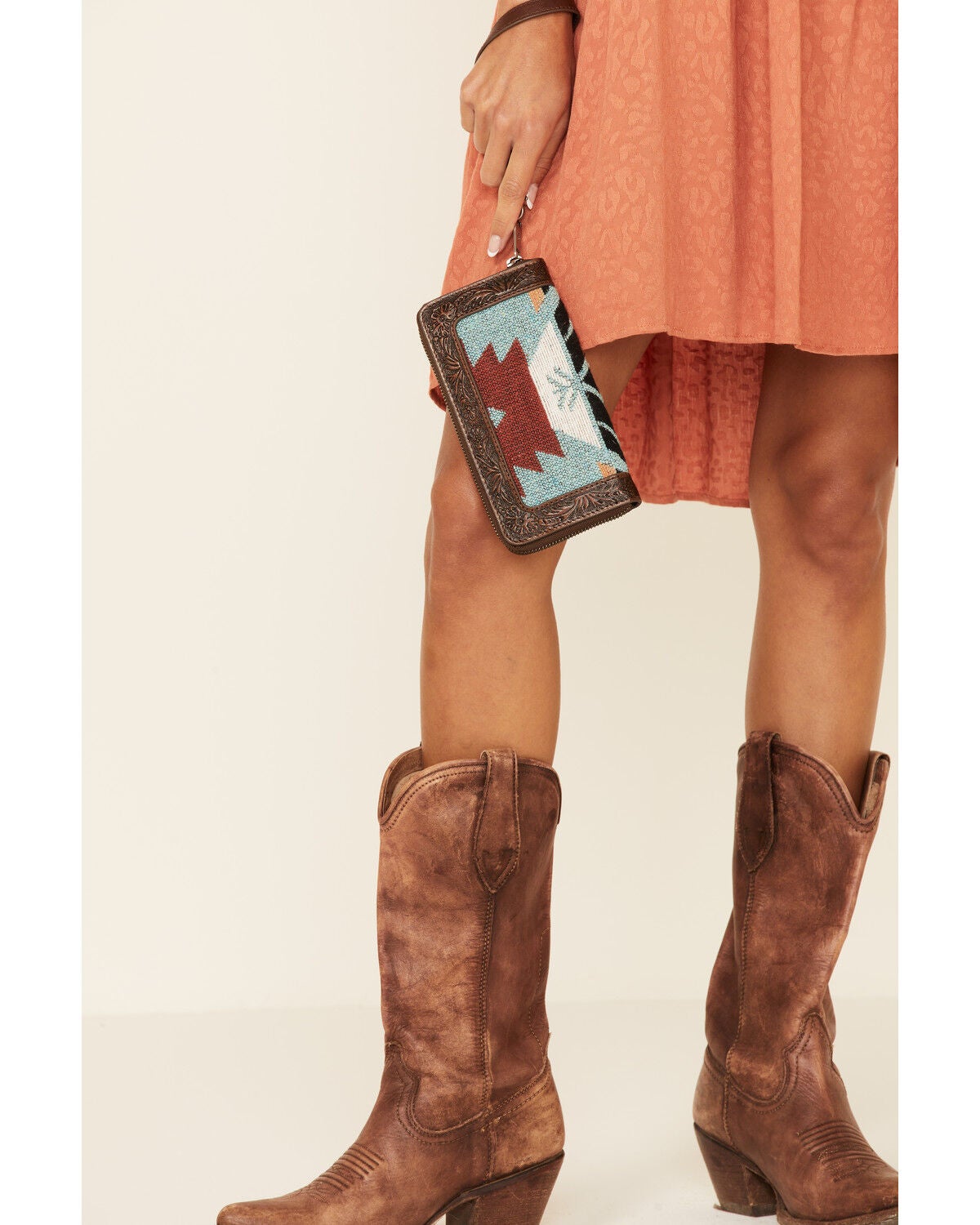 Shyanne Women's Southwestern Tooled Wallet, Brown, hi-res
