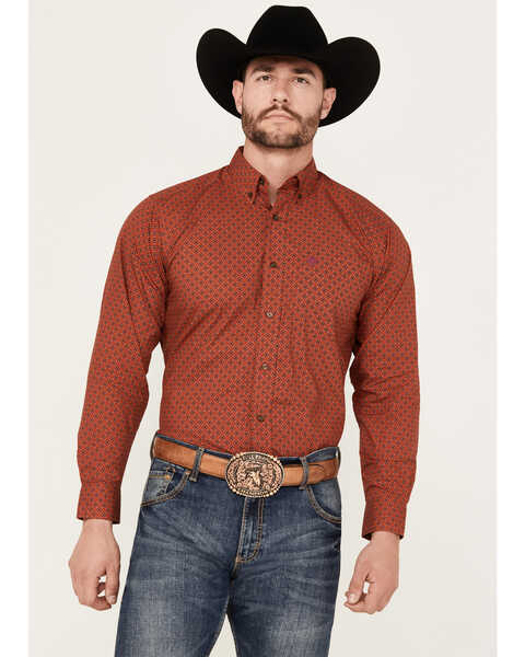 Ariat Men's Samson Geo Print Long Sleeve Button-Down Western Shirt, Rust Copper, hi-res