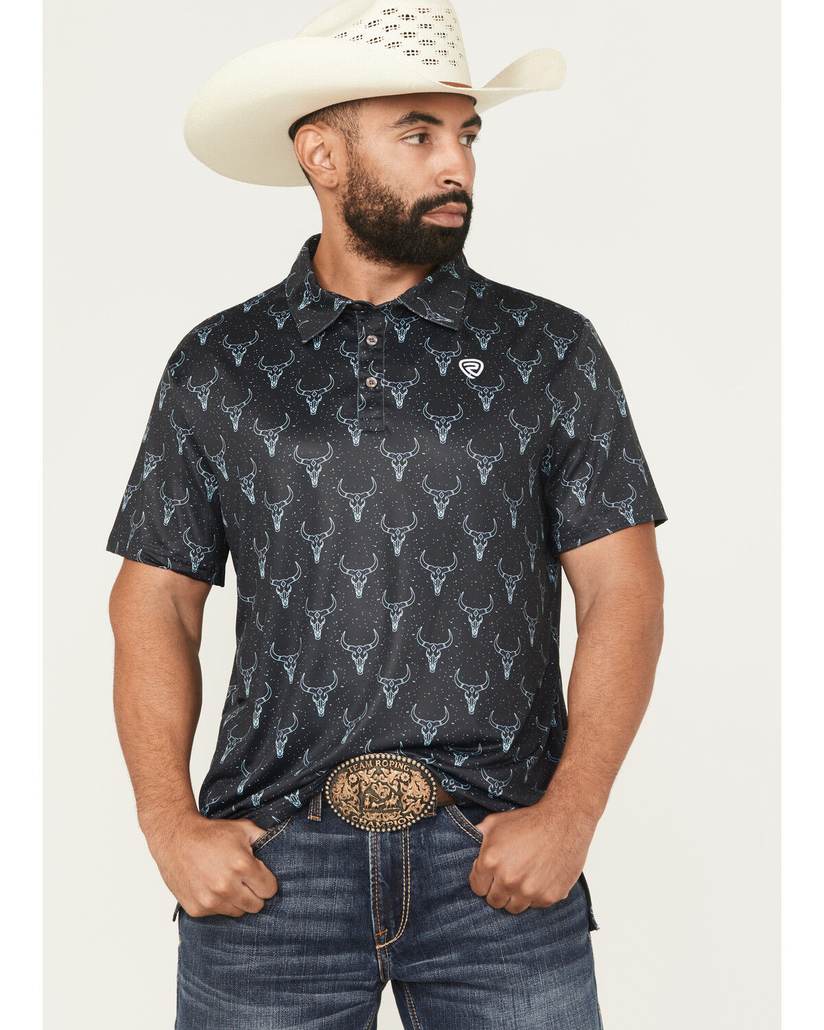 Image #1 - Rock & Roll Denim Men's Longhorn Print Short Sleeve Button-Down Stretch Polo Shirt, Black, hi-res