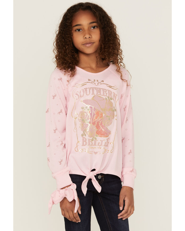 Shyanne Youth Girls' Pink Southern Belle Tie Front Sweatshirt & Scrunchie Set, Pink, hi-res