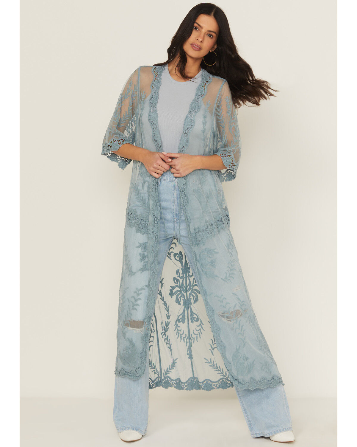 Image #1 - Shyanne Women's Long Embroidered Mesh Kimono, Aqua, hi-res