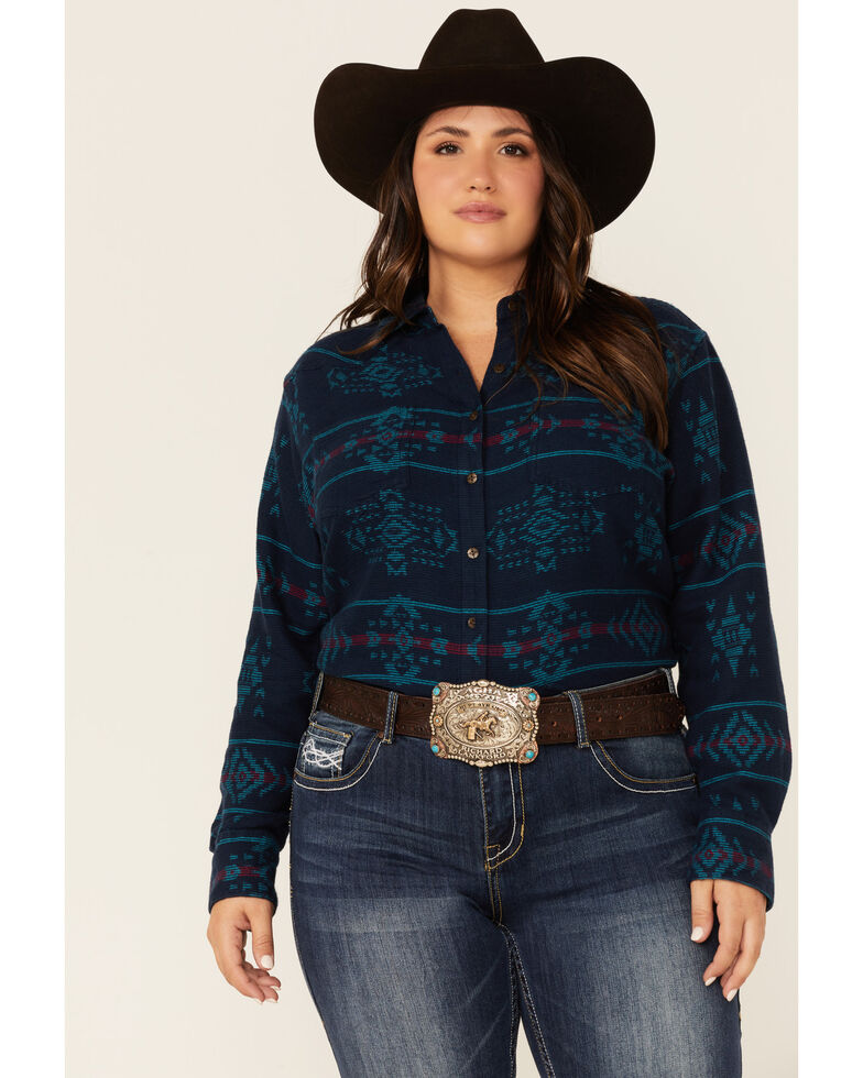 Ariat Women's R.E.A.L Billie Jean Southwestern Print Long Sleeve Button-Down Western Core Shirt - Plus, Navy, hi-res