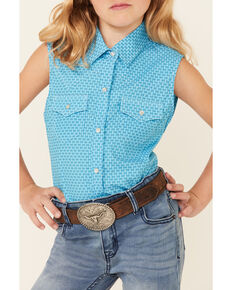 Ely Walker Girls' Turquoise Chevron Geo Print Sleeveless Snap Western Shirt , Turquoise, hi-res