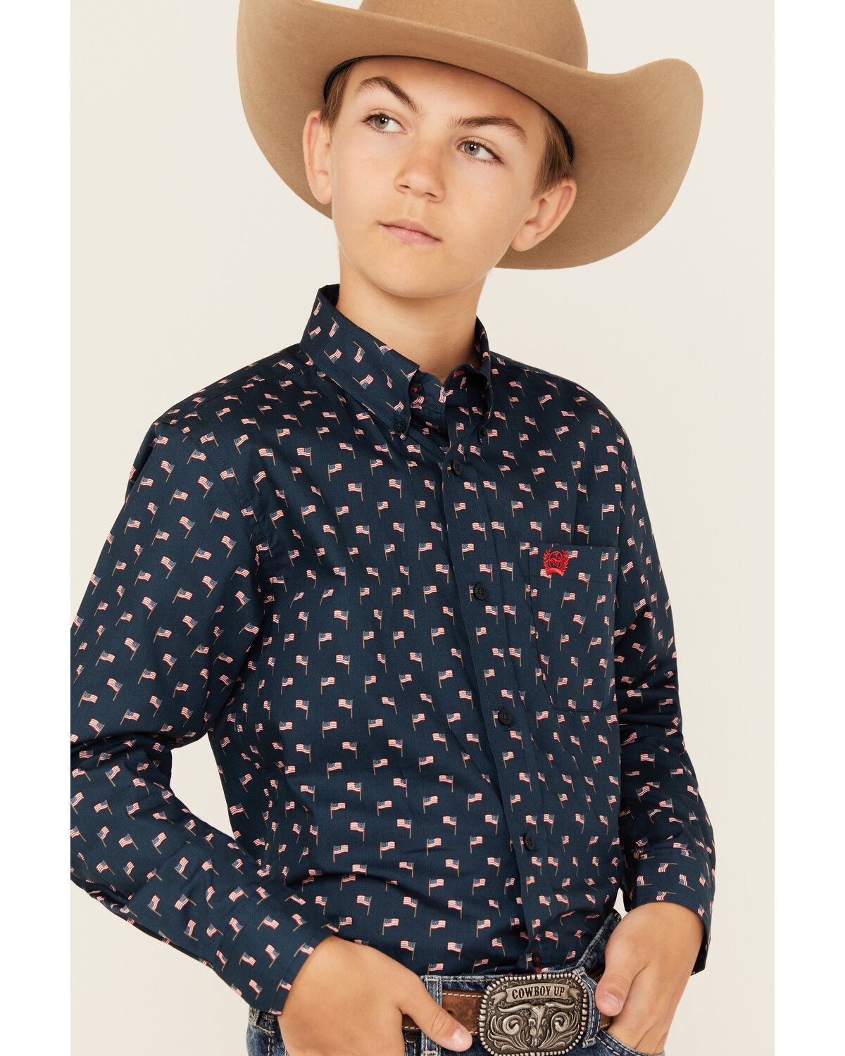 Image #2 - Cinch Boys' Flag Print Long Sleeve Button-Down Western Shirt, Navy, hi-res