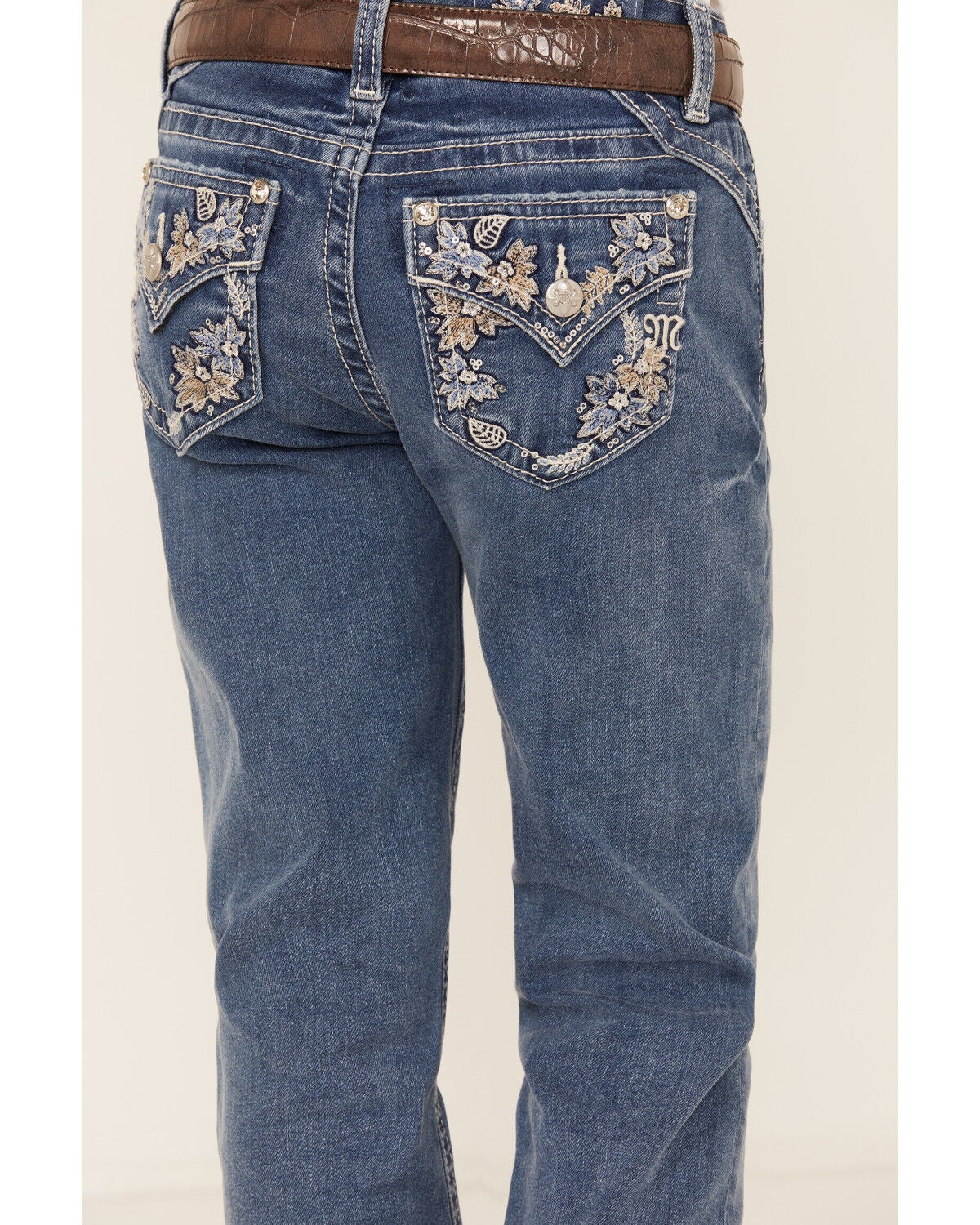 Image #2 - Miss Me Girls' Medium Wash Floral Border Bootcut Stretch Denim Jeans, Blue, hi-res