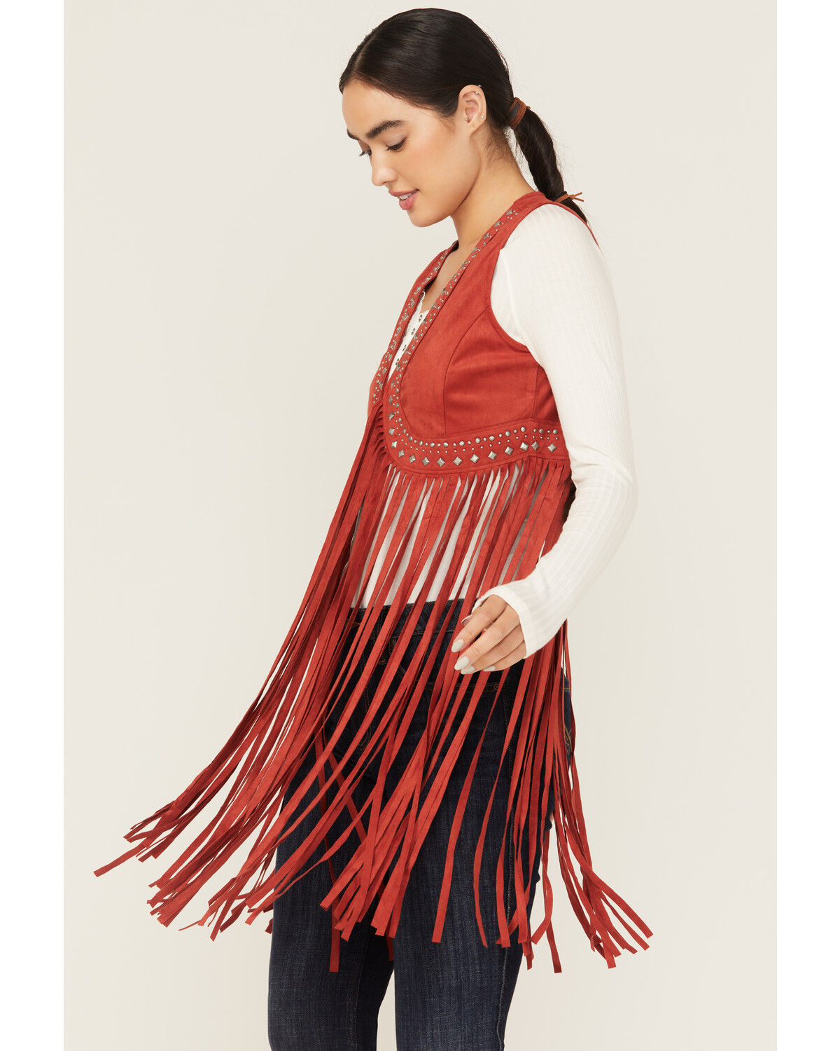 Image #1 - Idyllwind Women's Walnut Studded Faux Suede Fringe Vest, Chilli, hi-res