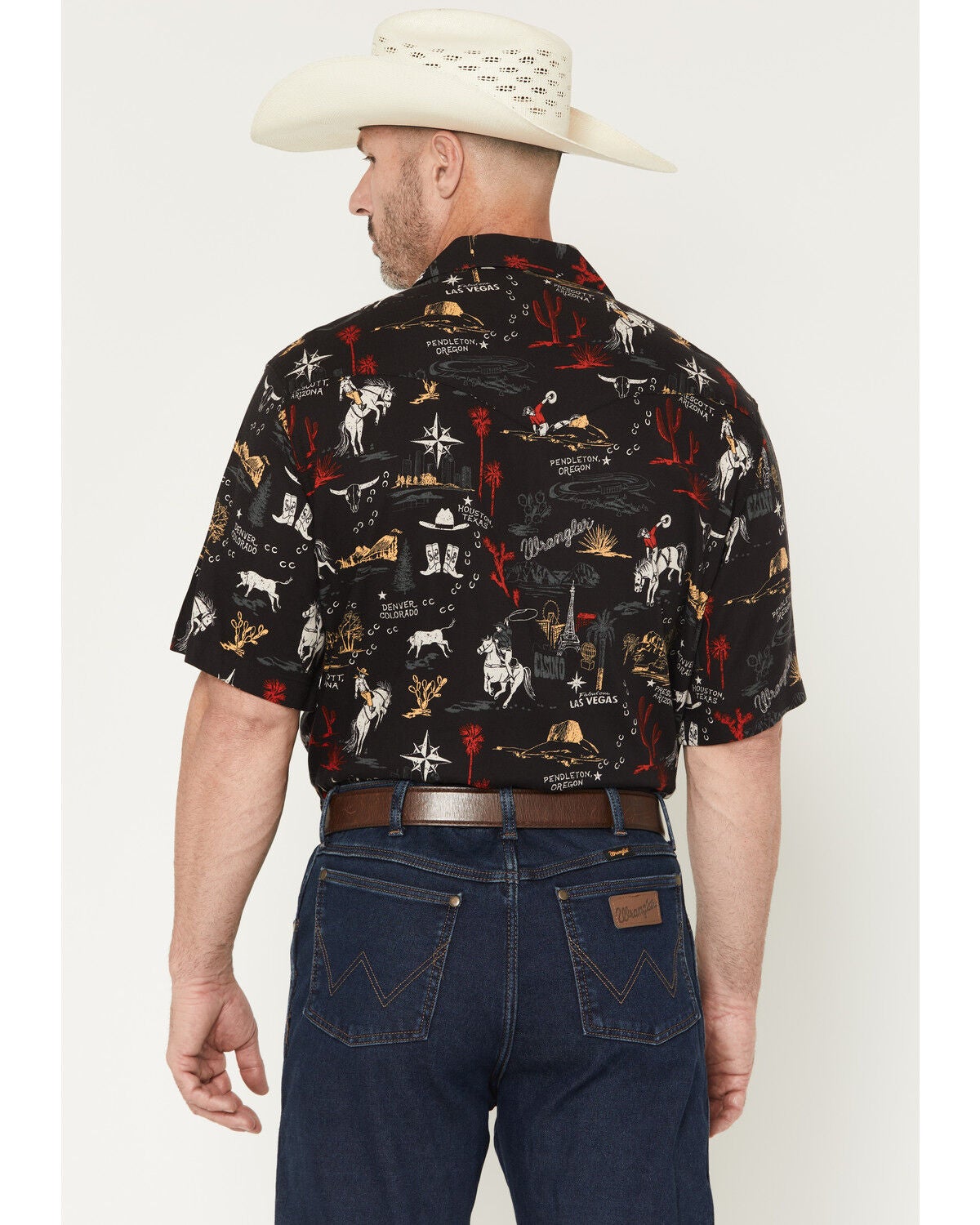 Image #4 - Wrangler Men's Coconut Cowboy Conversation Print Short Sleeve Snap Western Shirt, Black, hi-res
