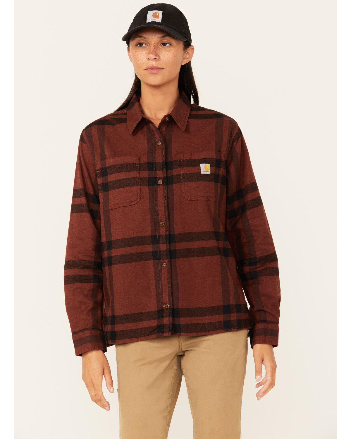 Image #1 - Carhartt Women's Rugged Flex® Loose Fit Midweight Long Sleeve Flannel Shirt, Dark Brown, hi-res