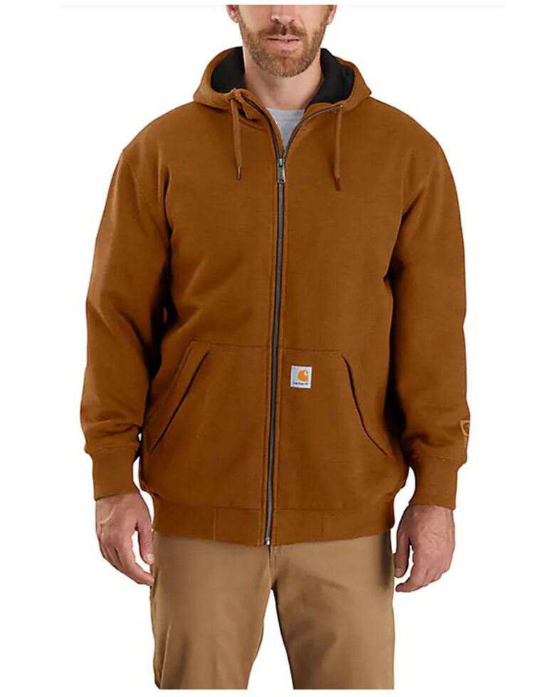 Carhartt Men's Rain Defender Thermal Lined Zip Brown Hooded Work Sweatshirt - Tall , Brown, hi-res