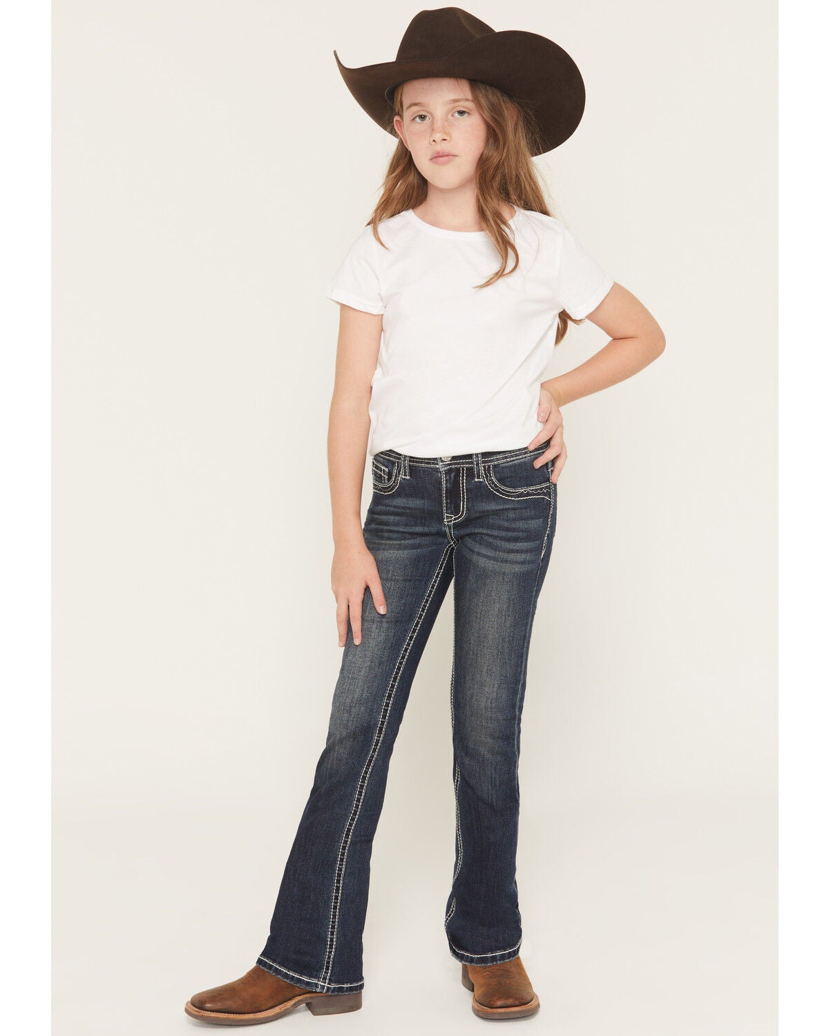 Image #3 - Grace in LA Girls' Embroidered Bootcut Stretch Denim Jeans, Medium Wash, hi-res