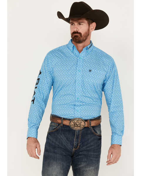 Ariat Men's Team Deandre Diamond Geo Print Long Sleeve Button-Down Western Shirt , Light Blue, hi-res