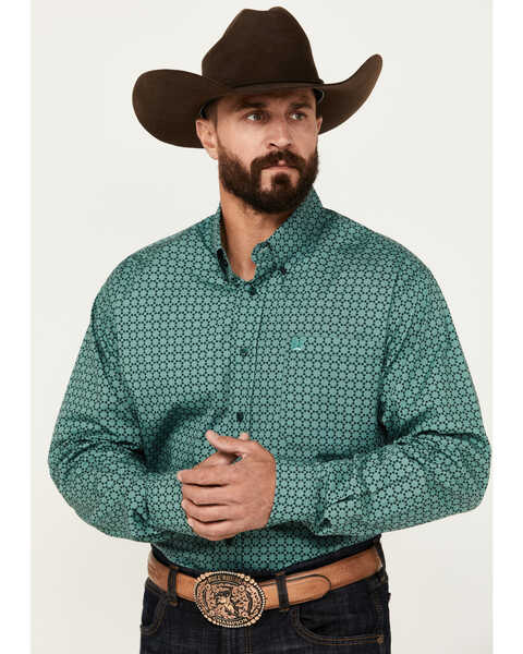 Image #1 - Cinch Men's Geo Print Long Sleeve Button-Down Western Shirt, Green, hi-res