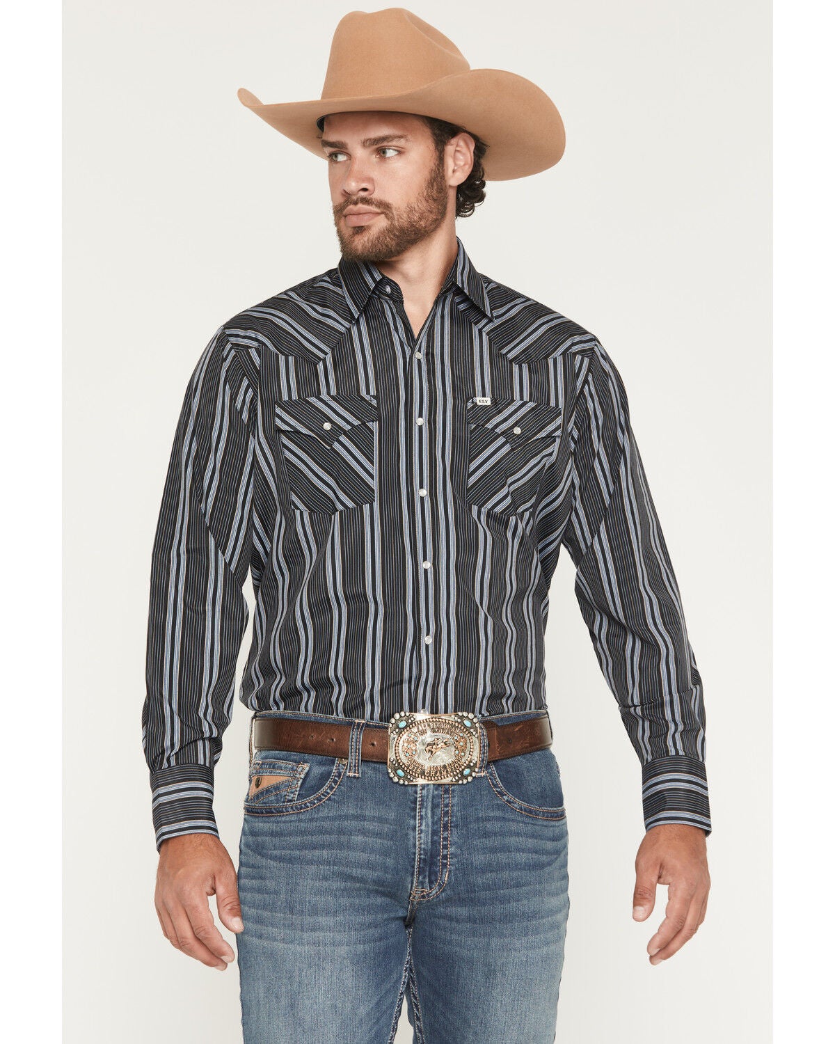 Image #1 - Ely Walker Men's Stripe Print Long Sleeve Snap Western Shirt, Black, hi-res
