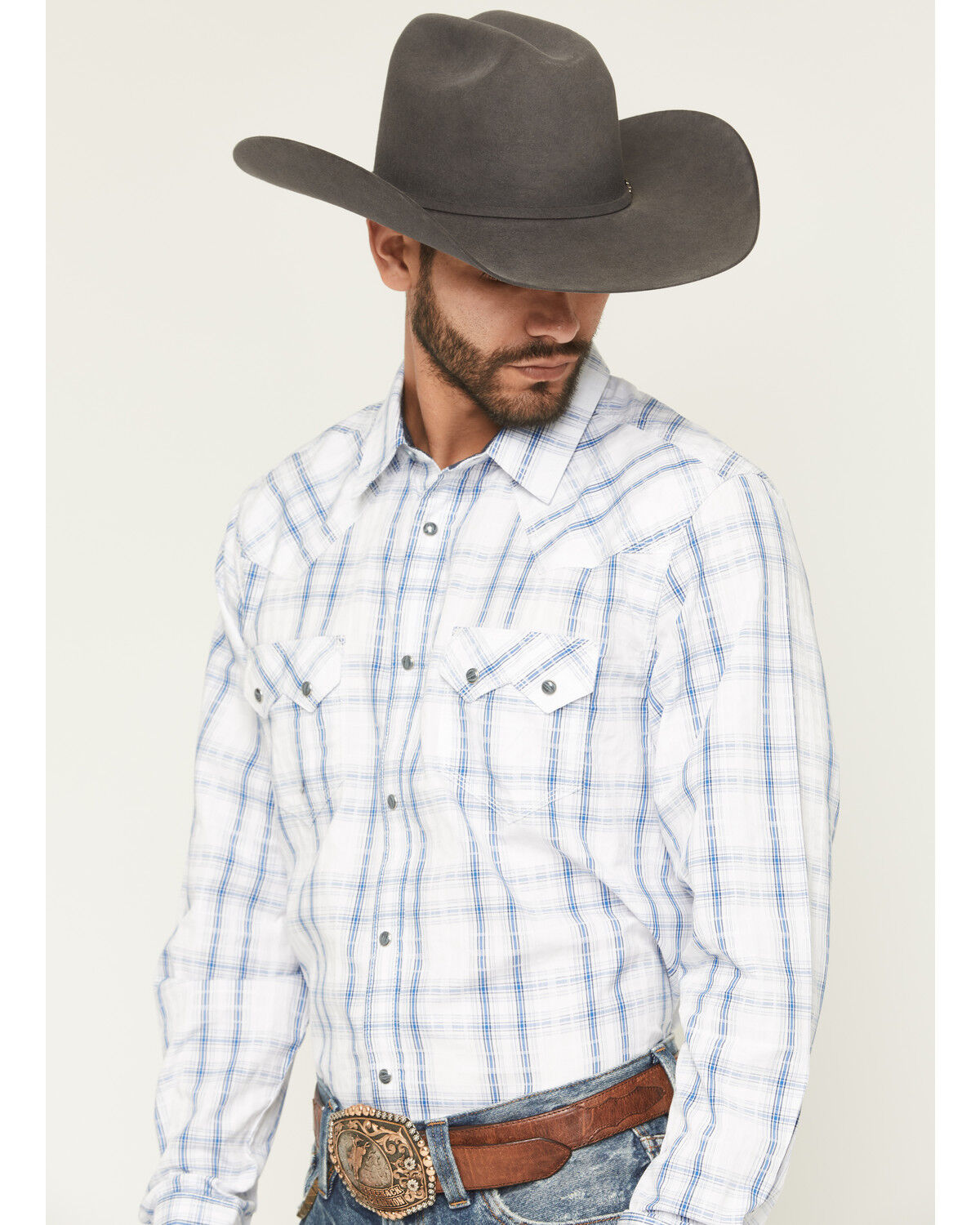 Image #2 - Moonshine Spirit Men's All Day Long Dobby Plaid Print Long Sleeve Snap Western Shirt, White, hi-res