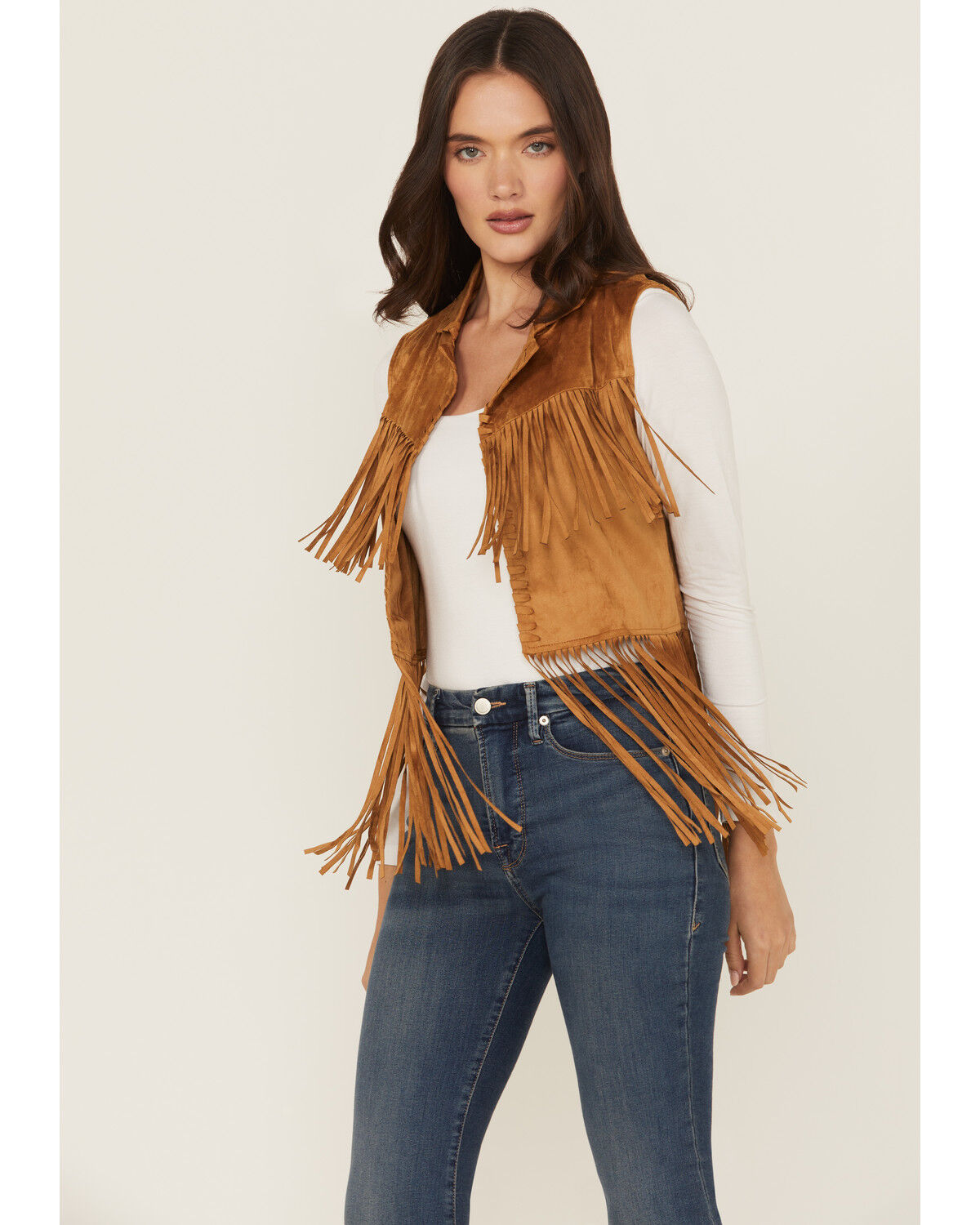 Image #1 - Wrangler X Lainey Wilson Women's Festival Fringe Faux Suede Vest, Brown, hi-res