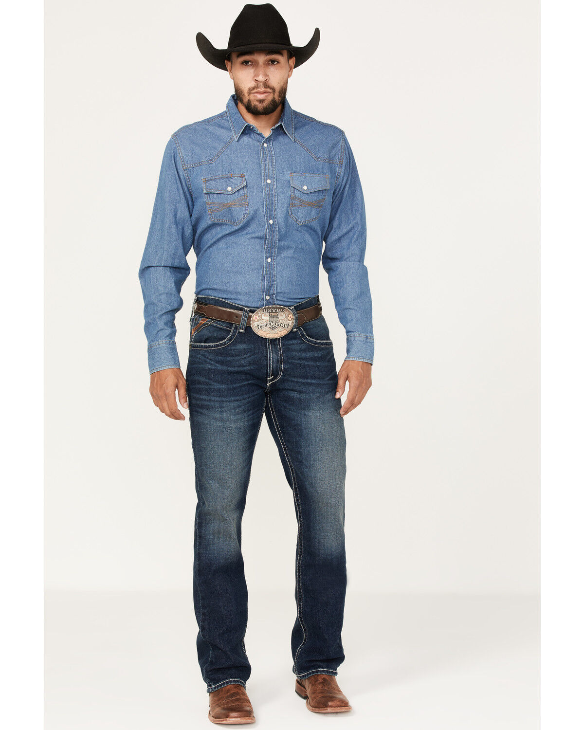 Image #1 - Ariat Men's M5 Ford Remming Dark Wash Stretch Straight Leg Jeans, Blue, hi-res